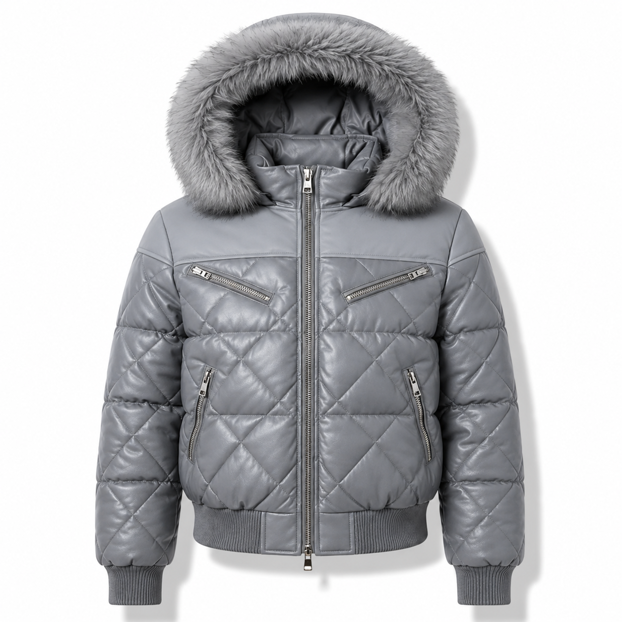 mens-gray-stormguard-puffer-jacket.jpg Men’s Gray Stormguard Puffer Jacket with Quilted Design and Faux Fur Hood
