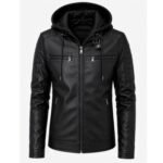 Men’s black hooded leather jacket with quilted shoulder details, front zipper, and multiple zippered pockets.