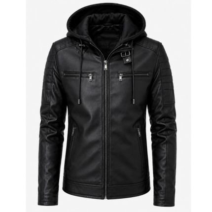 Men’s black hooded leather jacket with quilted shoulder details, front zipper, and multiple zippered pockets.
