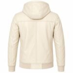 Cream hooded leather jacket showing a structured hood, stitched back panels, central seam, ribbed waistband, and fitted sleeves