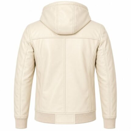 Cream hooded leather jacket showing a structured hood, stitched back panels, central seam, ribbed waistband, and fitted sleeves