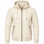Cream hooded leather jacket showing a structured hood, stitched back panels, central seam, ribbed waistband, and fitted sleeves