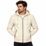 Man wearing a cream hooded leather jacket with full front zipper, drawstring hood, zippered pockets, and ribbed cuffs