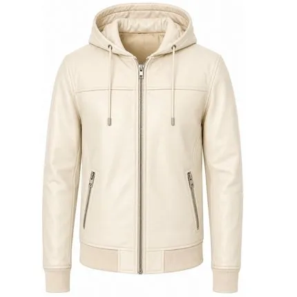 Men’s luxe cream hooded leather jacket with front zipper and zippered pockets