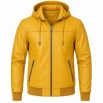Men’s mustard hooded leather jacket featuring a drawstring hood, silver zipper, stitched chest panel and angled zip pockets