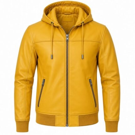 Men’s mustard hooded leather jacket featuring a drawstring hood, silver zipper, stitched chest panel and angled zip pockets