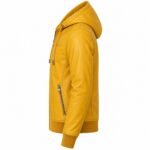 Men’s mustard hooded leather jacket with smooth finish, adjustable hood, zippered pockets, ribbed cuffs and casual styling