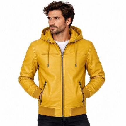 Men’s mustard hooded leather jacket with drawstring hood, full front zipper, angled zip pockets, ribbed cuffs and hem