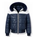 Men’s navy blue contemporary quilted puffer jacket with fur-trimmed hood.
