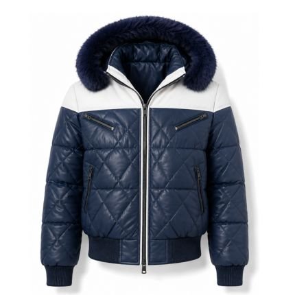 Men’s navy blue contemporary quilted puffer jacket with fur-trimmed hood.