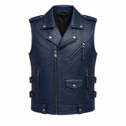 Men’s navy leather moto vest with asymmetrical zipper, utility pockets, and adjustable side straps