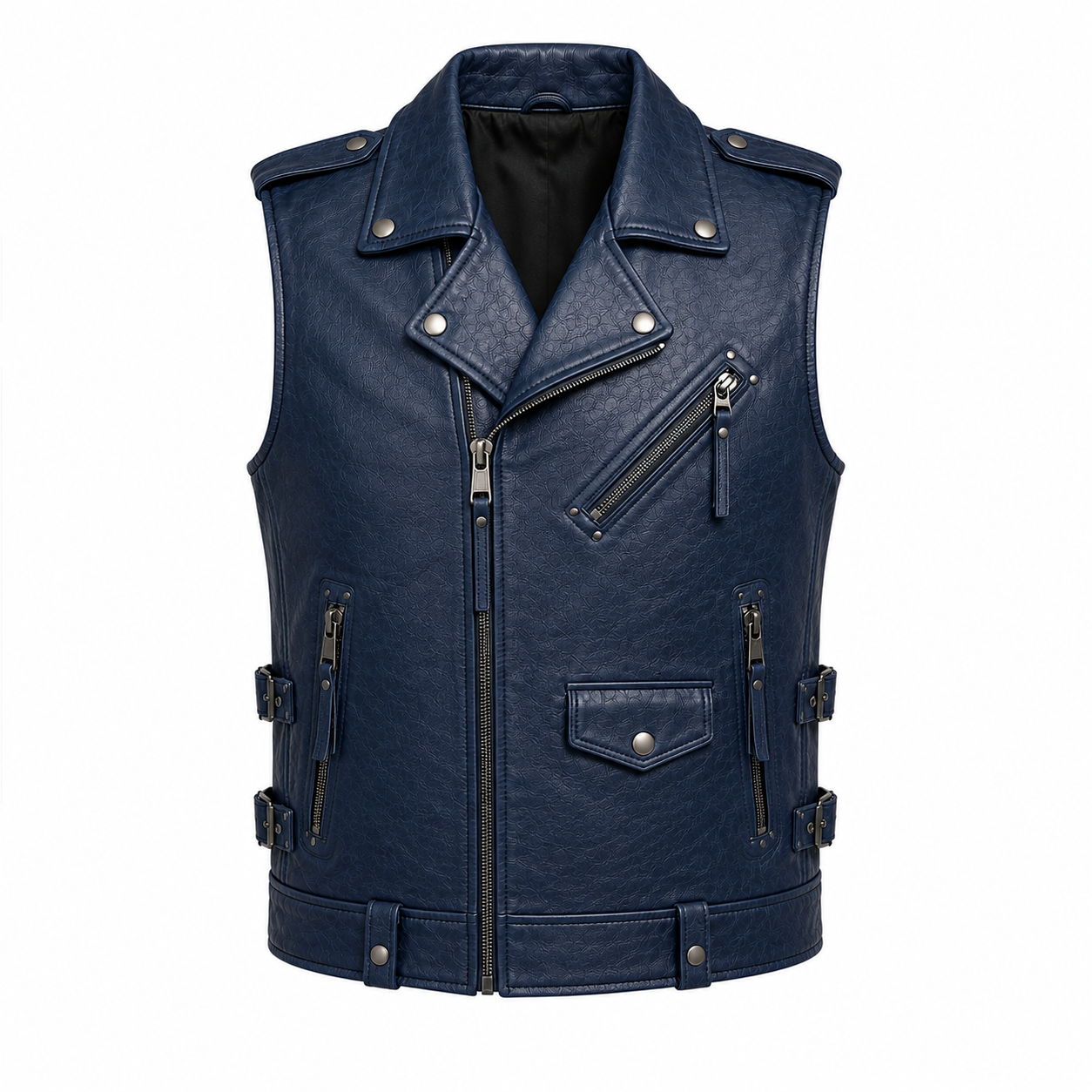 mens-navy-leather-moto-vest.jpg Men’s navy leather moto vest with asymmetrical zipper, utility pockets, and adjustable side straps