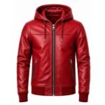 Men’s red leather hooded bomber jacket with zip closure and stylish biker