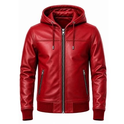 Men’s red leather hooded bomber jacket with zip closure and stylish biker
