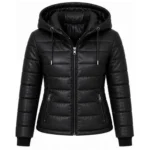 Women’s black leather hooded puffer jacket with premium quilted design and stylish winter outerwear look.