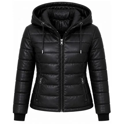 Women’s black leather hooded puffer jacket with premium quilted design and stylish winter outerwear look.