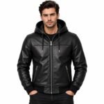 Midnight Rogue black leather hooded jacket with drawstring hood, silver zipper and zippered pockets