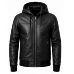 Midnight Rogue black leather hooded jacket for men with sleek modern design and premium finish.