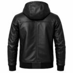 Midnight Rogue black leather jacket with structured hood, center back seam and ribbed hem