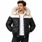 Noir Summit black leather puffer jacket with quilted padding, fur-trimmed hood and silver zippers