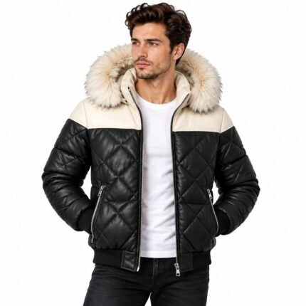Noir Summit black leather puffer jacket with quilted padding, fur-trimmed hood and silver zippers