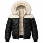 Black leather puffer jacket with cream padded lining, fur hood and practical zippered pockets