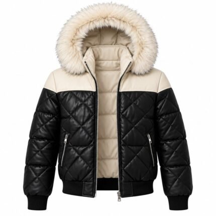 Black leather puffer jacket with cream padded lining, fur hood and practical zippered pockets