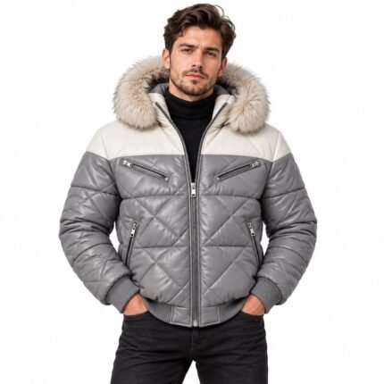 Nordic Prestige gray quilted puffer jacket with cream fur-trimmed hood and silver zippers