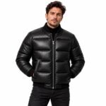 Obsidian Peak black leather puffer jacket with quilted padding, ribbed collar and zippered pockets