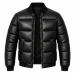 Black leather puffer jacket with padded sleeves, silver zipper and soft insulated interior