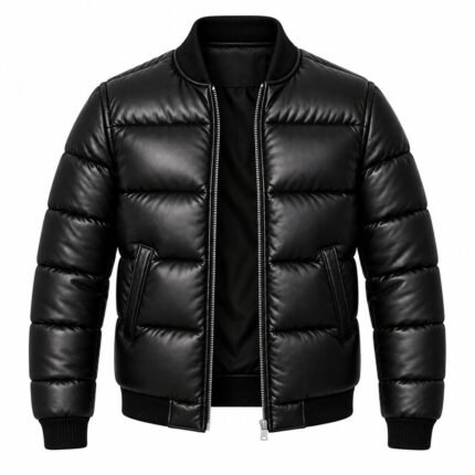 Black leather puffer jacket with padded sleeves, silver zipper and soft insulated interior