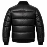 Black quilted leather puffer jacket featuring horizontal padded panels, ribbed cuffs and hem