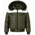 Olive Green Fur Hood Puffer Jacket with quilted design, white shoulder panels, zippered pockets, and warm winter styling