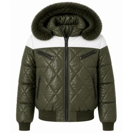 Olive Green Fur Hood Puffer Jacket with quilted design, white shoulder panels, zippered pockets, and warm winter styling
