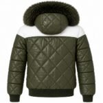 Olive Haven Quilted Fur Hood Jacket showing its diamond-quilted back, white shoulder yoke, fur-trimmed hood, padded sleeves, and ribbed waistband.