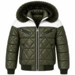 Olive Haven Quilted Fur Hood Jacket featuring diamond quilting, contrasting white shoulder panels, dark fur-trimmed hood, central front zipper, chest pockets, and ribbed hem.