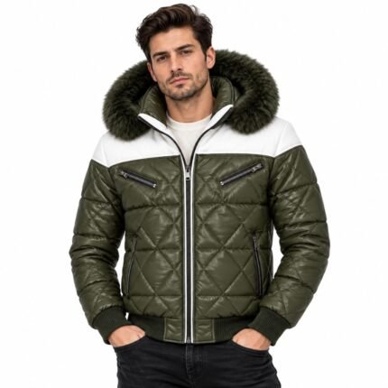 Man wearing the Olive Haven Quilted Fur Hood Jacket with olive quilted panels, contrasting white shoulder yoke, fur-trimmed hood, zippered pockets, and ribbed cuffs against a white background.