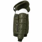 Olive Haven Quilted Fur Hood Jacket showing the side construction, diamond-quilted sleeve, white shoulder panel, fur-trimmed hood, zippered pocket, and ribbed cuff.
