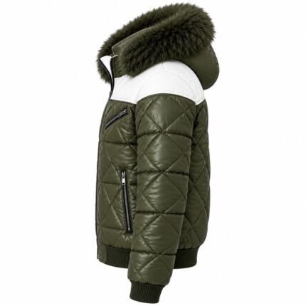 Olive Haven Quilted Fur Hood Jacket showing the side construction, diamond-quilted sleeve, white shoulder panel, fur-trimmed hood, zippered pocket, and ribbed cuff.