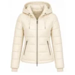 Premium cream women’s hooded puffer jacket with quilted design, front zipper, and stylish winter outerwear.