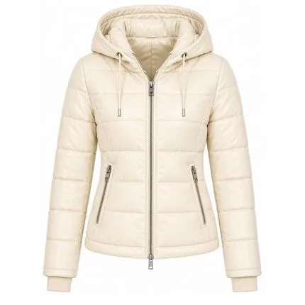 Premium cream women’s hooded puffer jacket with quilted design, front zipper, and stylish winter outerwear.