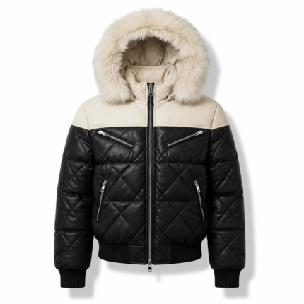 Premium men’s black quilted leather puffer jacket with stylish quilted design and durable leather finish.