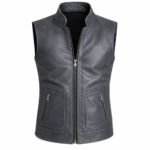 Premium men's grey leather biker vest with front zipper, stand collar, and functional pockets