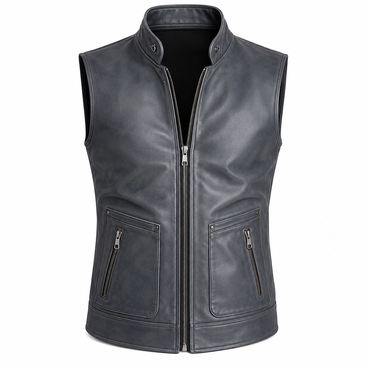 premium-mens-grey-leather-biker-vest.jpg Premium men's grey leather biker vest with front zipper, stand collar, and functional pockets