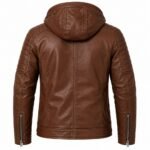 Ravenwood Brown Hooded Leather Jacket showing a structured hood, quilted shoulder and sleeve panels, central back seam, detailed stitching, and clean hem construction.