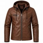Ravenwood Brown Hooded Leather Jacket featuring a structured hood, quilted shoulder panels, full front zipper, chest zip pocket, angled waist pockets, and detailed stitching.