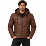 Man wearing the Ravenwood Brown Hooded Leather Jacket with quilted shoulders, hood, front zipper, chest pocket, and angled zippered pockets against a white background.