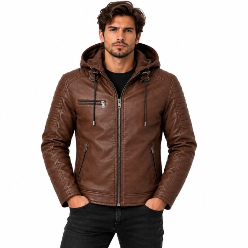 Man wearing the Ravenwood Brown Hooded Leather Jacket with quilted shoulders, hood, front zipper, chest pocket, and angled zippered pockets against a white background.