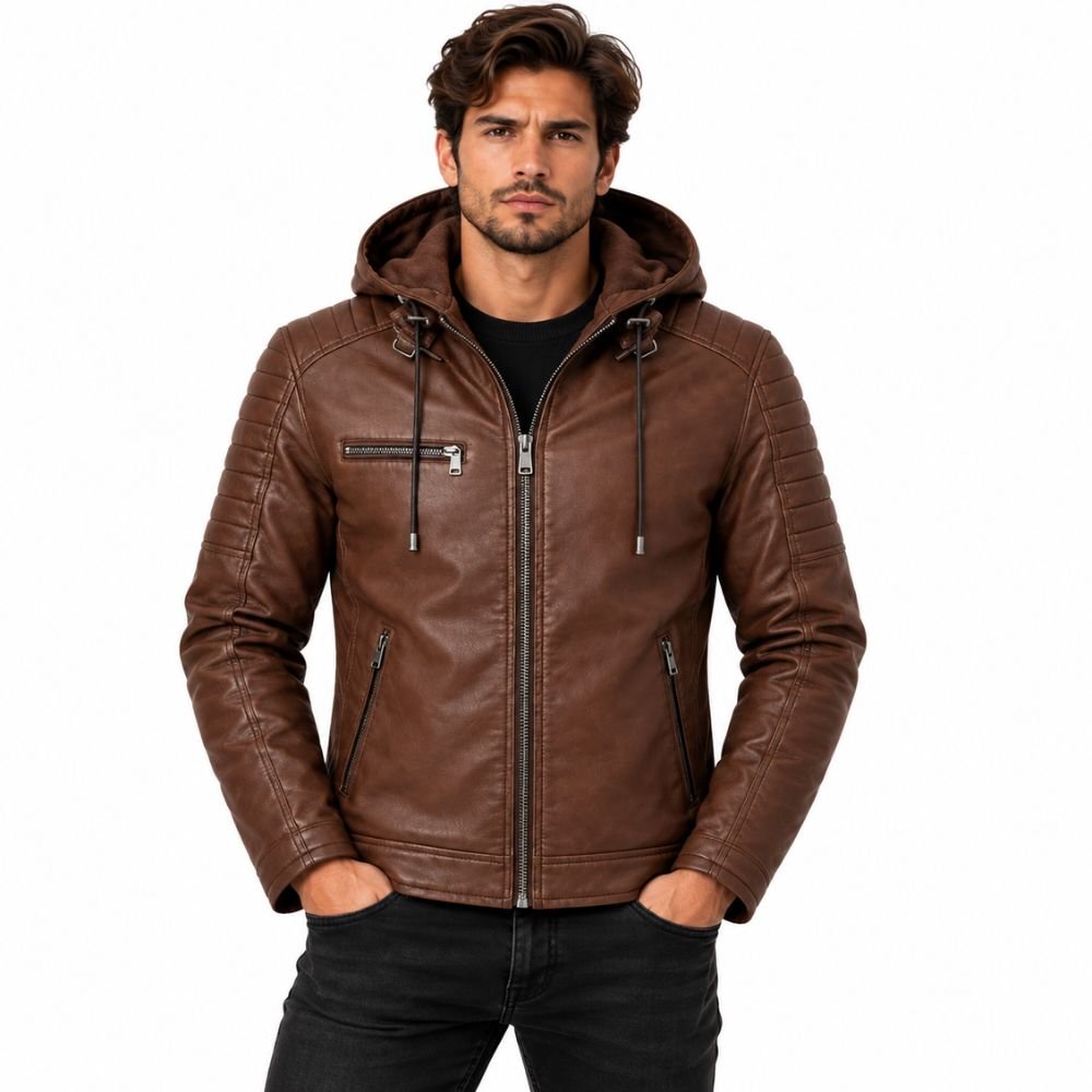 ravenwood-brown-hooded-leather-jacket-model.jpg Man wearing the Ravenwood Brown Hooded Leather Jacket with quilted shoulders, hood, front zipper, chest pocket, and angled zippered pockets against a white background.