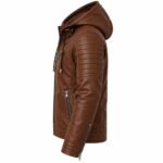 Ravenwood Brown Hooded Leather Jacket showing its side profile, quilted sleeve panels, structured hood, angled pocket, stitched leather construction, and cuff zipper.